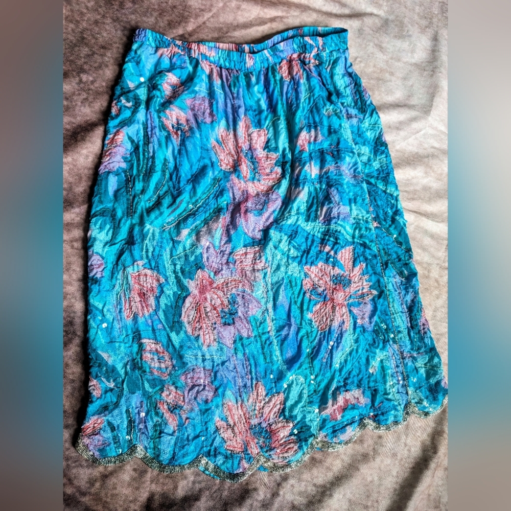 Vintage Beaded Bohemian Silk Midi Skirt Watercolor Art to Wear